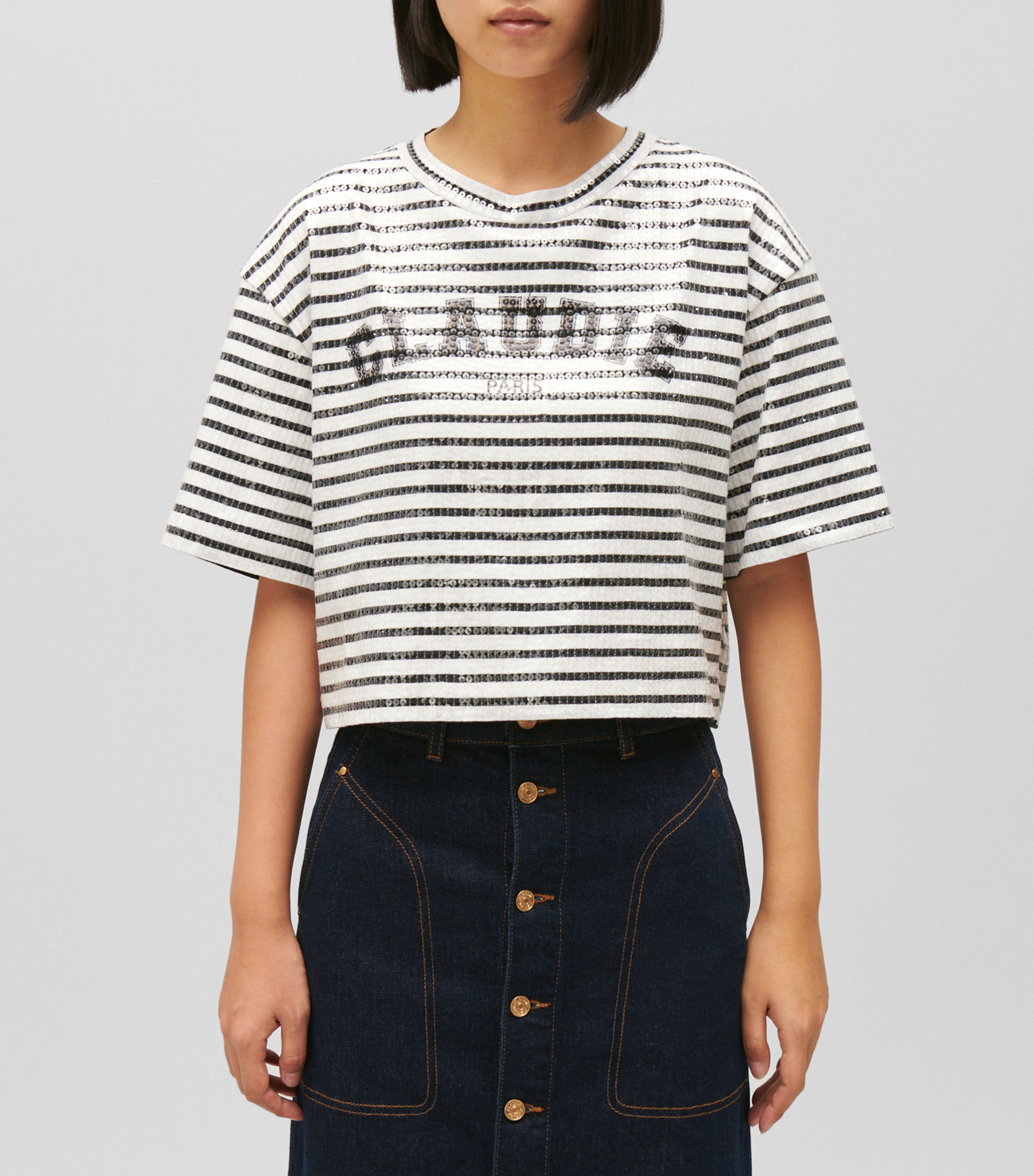 Playera cuello redondo con manga corta de rayas Mujer